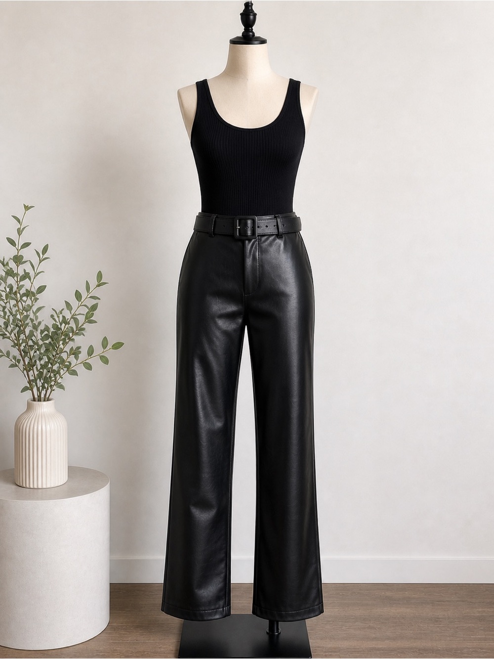 LOFT Black Faux Leather Straight-Leg Pants with Belt